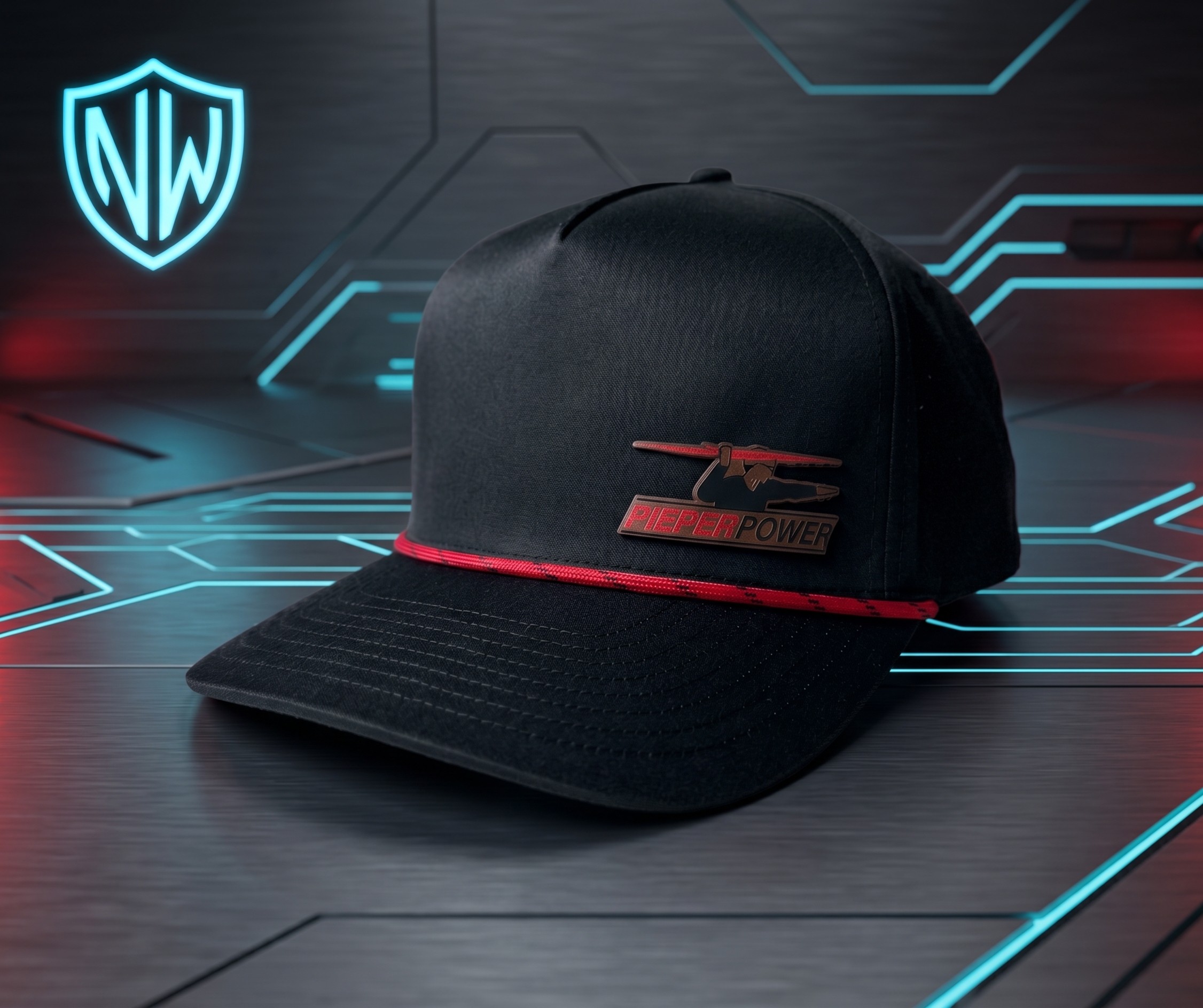 Custom UV-printed leather patch performance hats for Pieper Electric in Wrightstown, Wisconsin