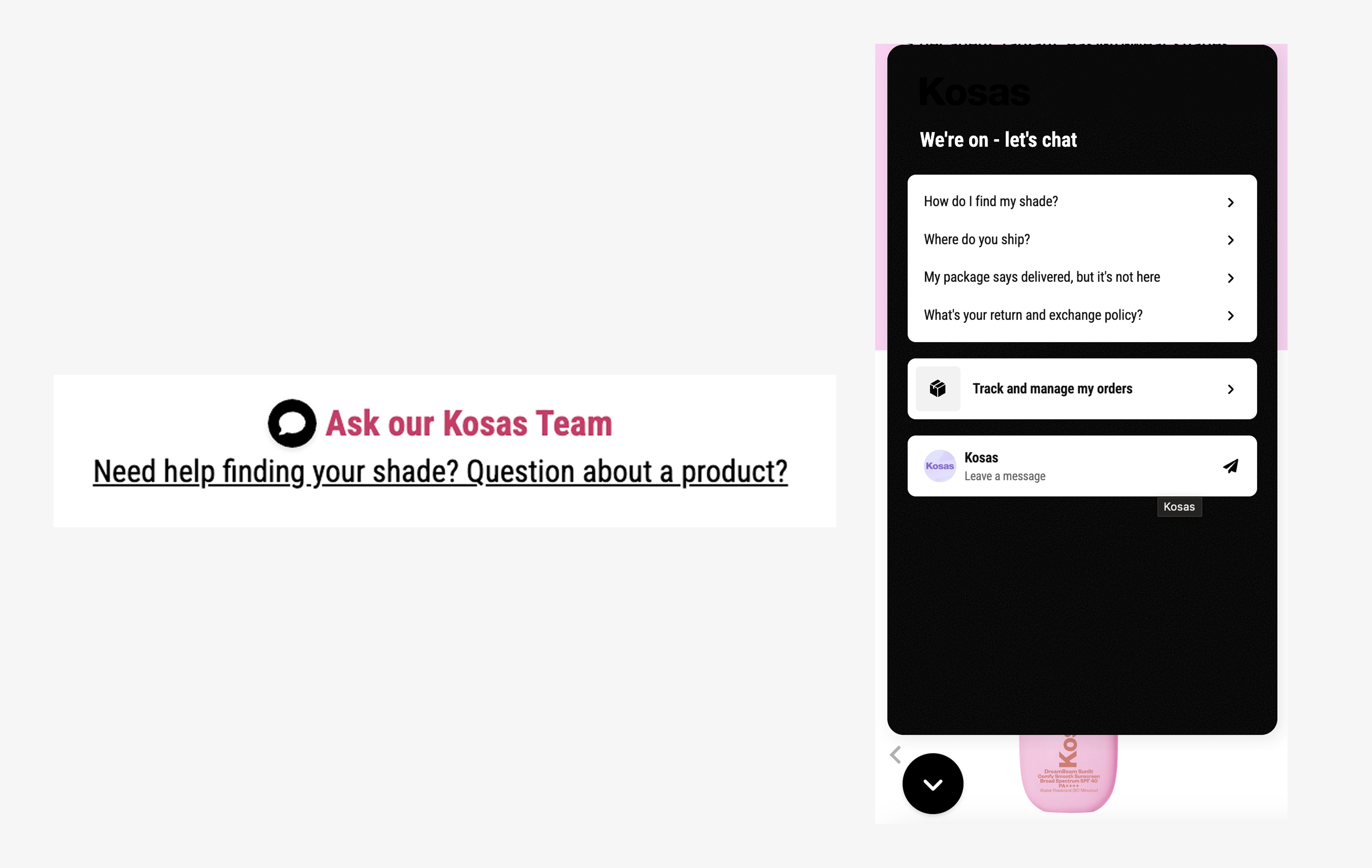 Kosas product page with Ask Our Team live chat option in the buy box
