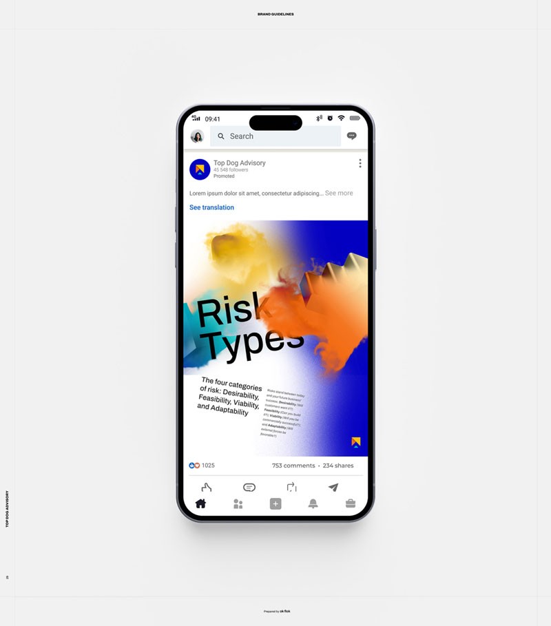 A smartphone displaying a colorful social media feed with abstract designs and text content.