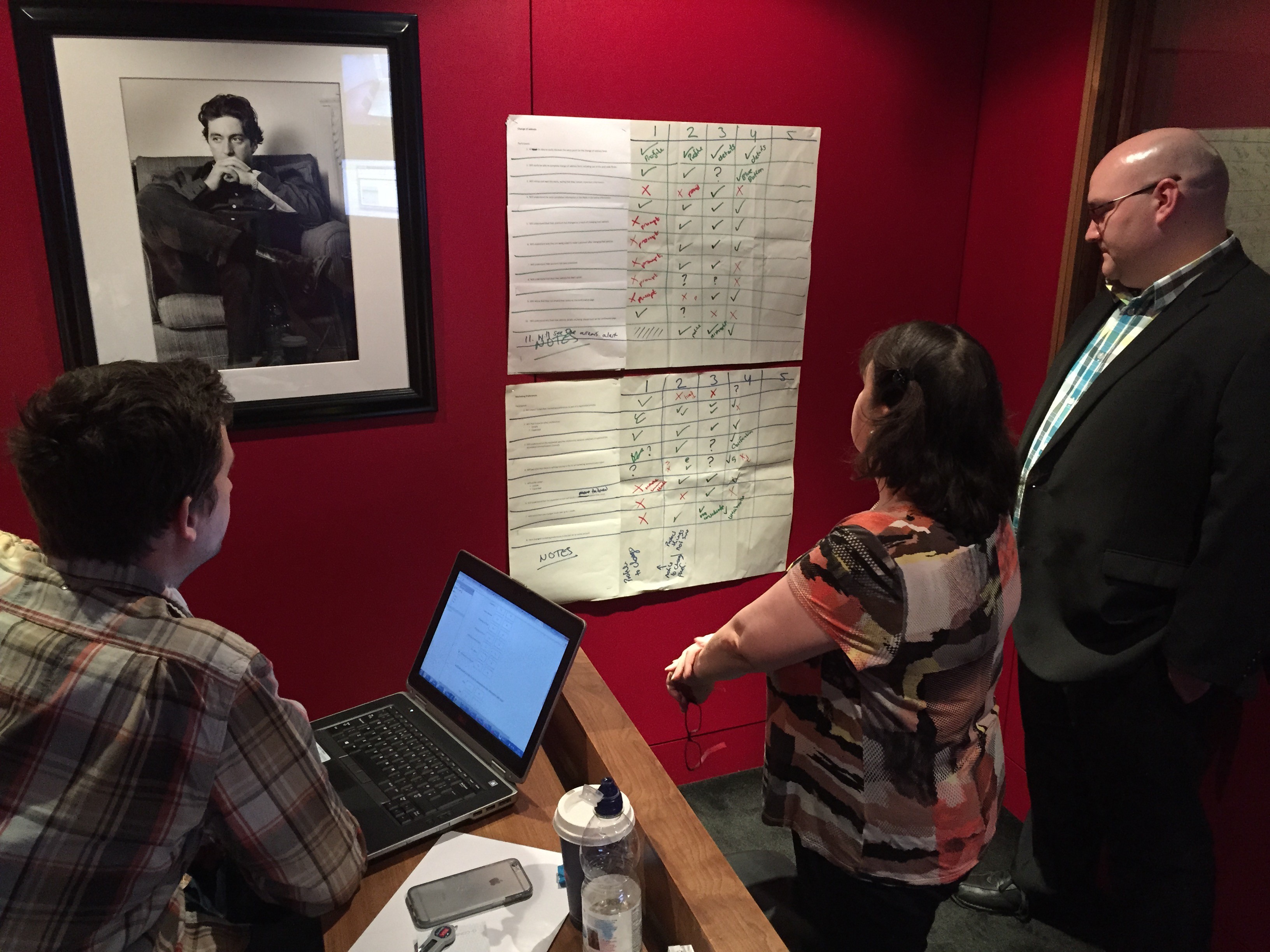 Group of 3 people together in a room looking at an analysis matrix used in user testing.