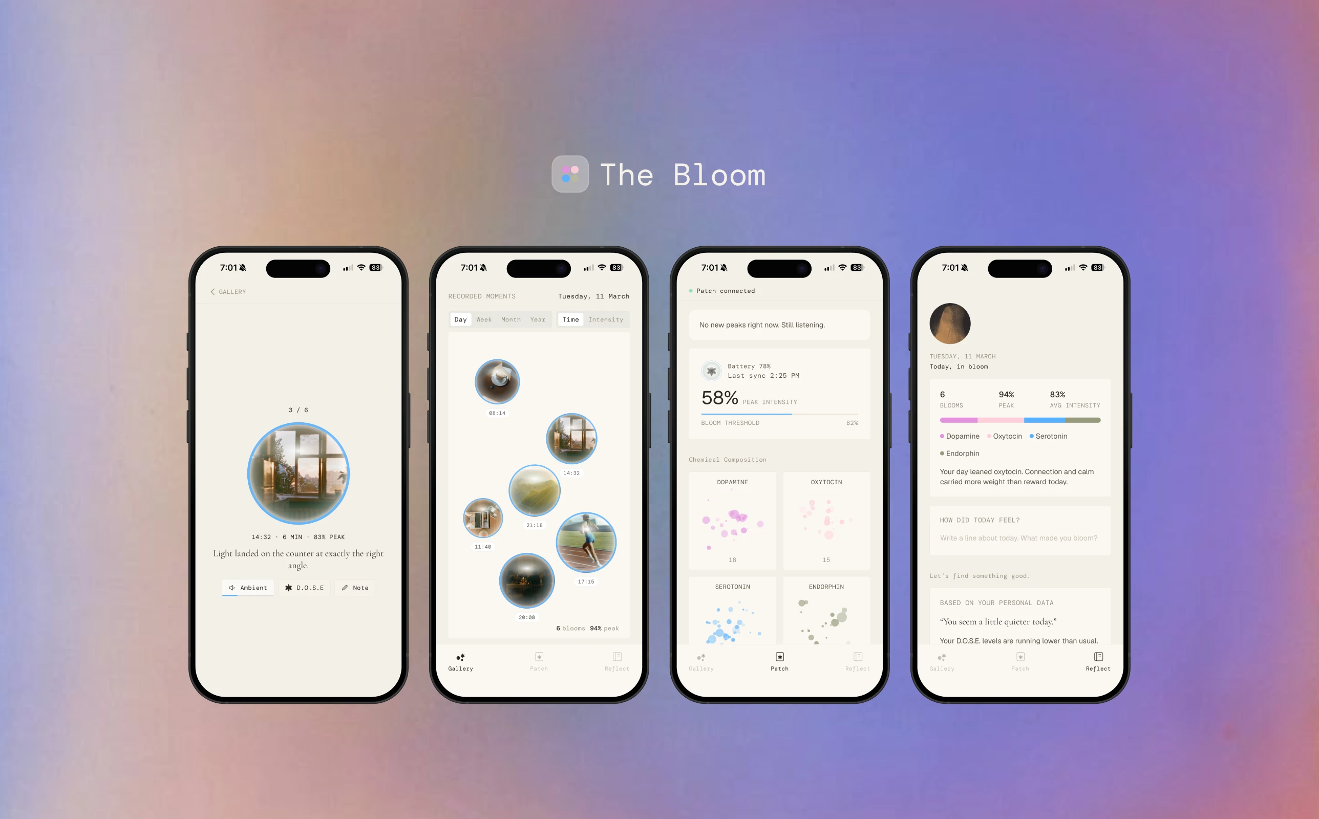 Hero image of the Bloom app including four screens: a happiness memory archive, a recorded moments timeline, a live biosensor dashboard visualizing D.O.S.E. neurochemicals , and a personalized recommendations screen