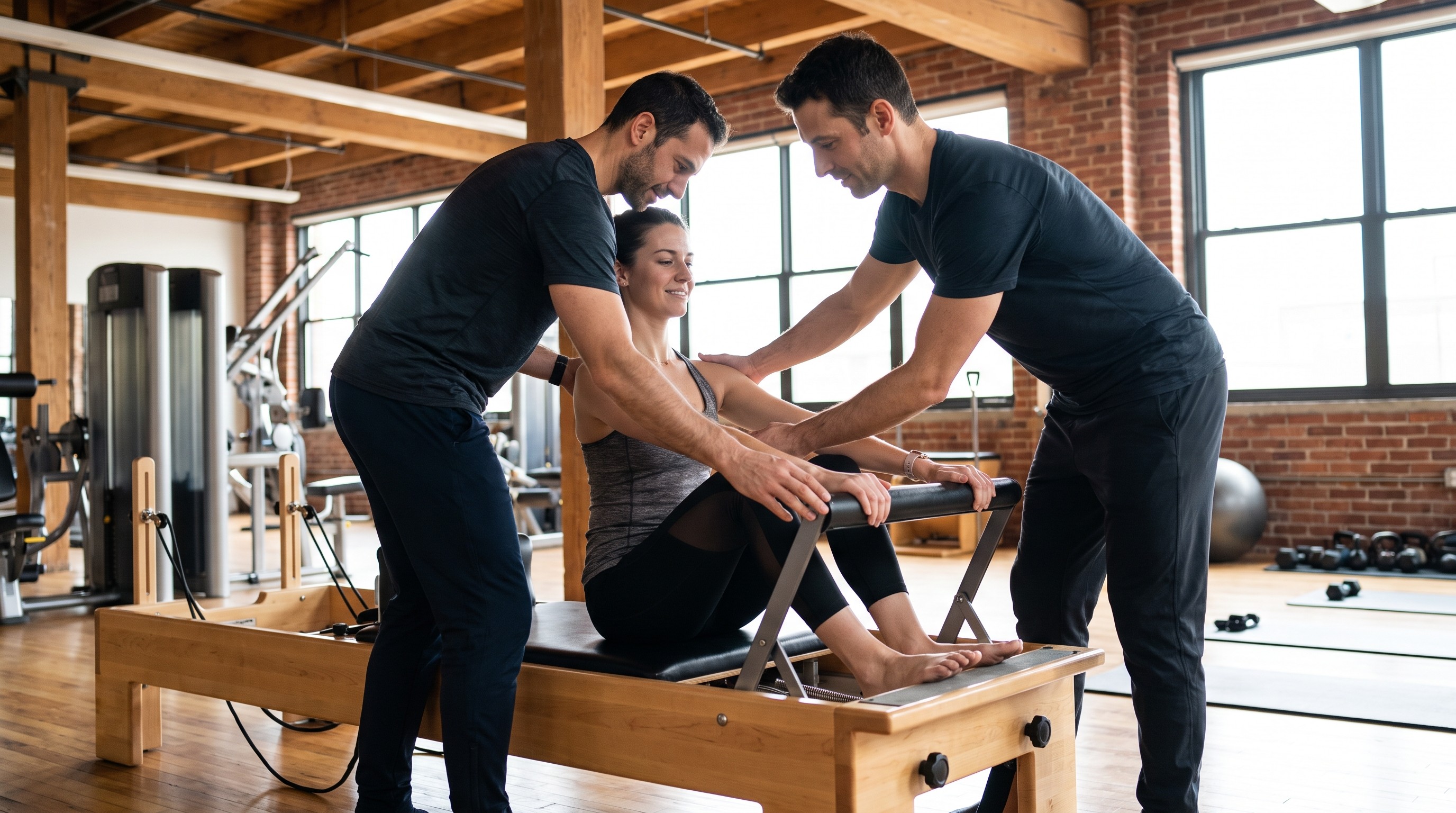 istruttore AIF corregge la postura di un cliente durante esercizio Pilates reformer