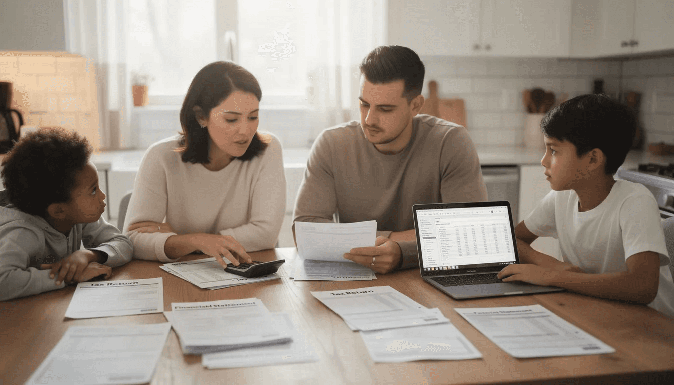 A family sits around a kitchen table, reviewing various financial documents and tax forms, including federal income tax returns and retirement account statements. They appear focused on understanding their tax deductions and potential tax savings for the year.