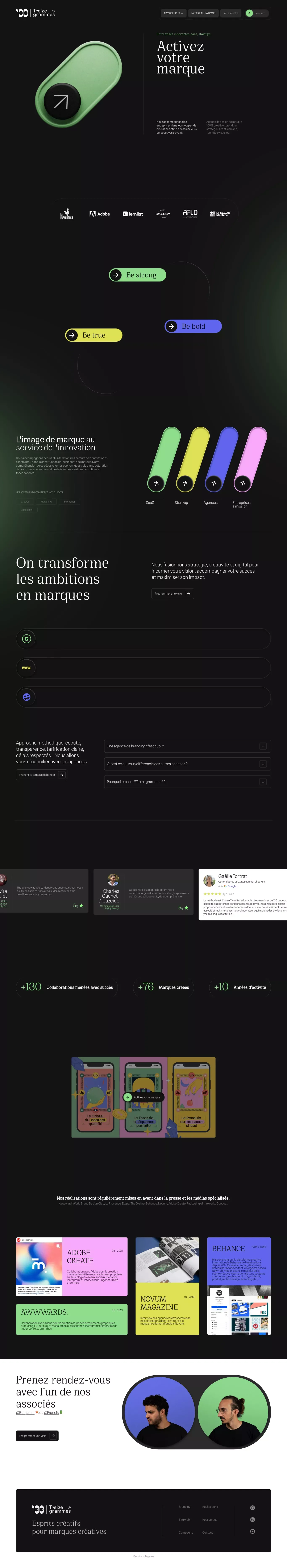 Treize grammes - Agence de Branding portfolio page screenshot showcasing Design and Marketing design