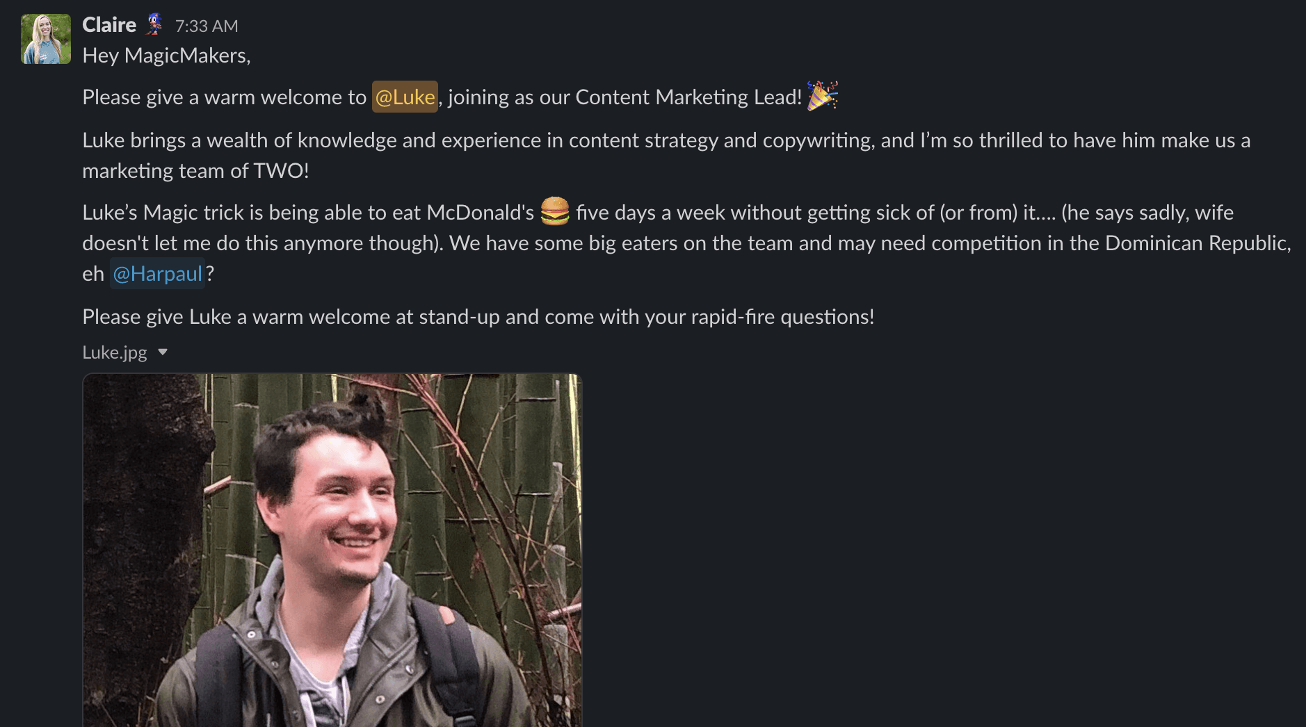 Welcome message to new employee example