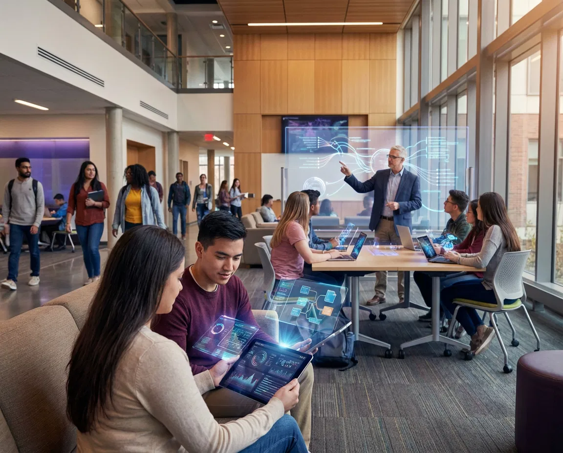 Modern university environment where students and educators interact with AI tools as part of academic evaluation.