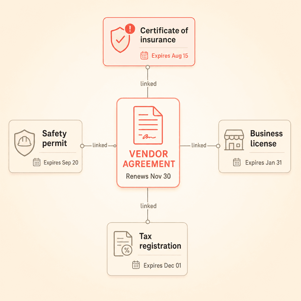A vendor agreement at the center linked to a certificate of insurance, business license, tax registration and safety permit, each with its own expiration date, with the nearest expiring certificate highlighted