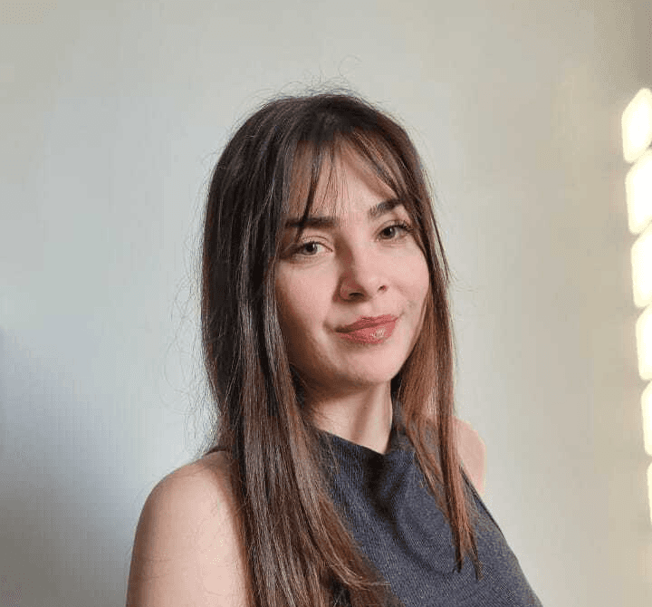 Portrait of a small brown dog on yellow background