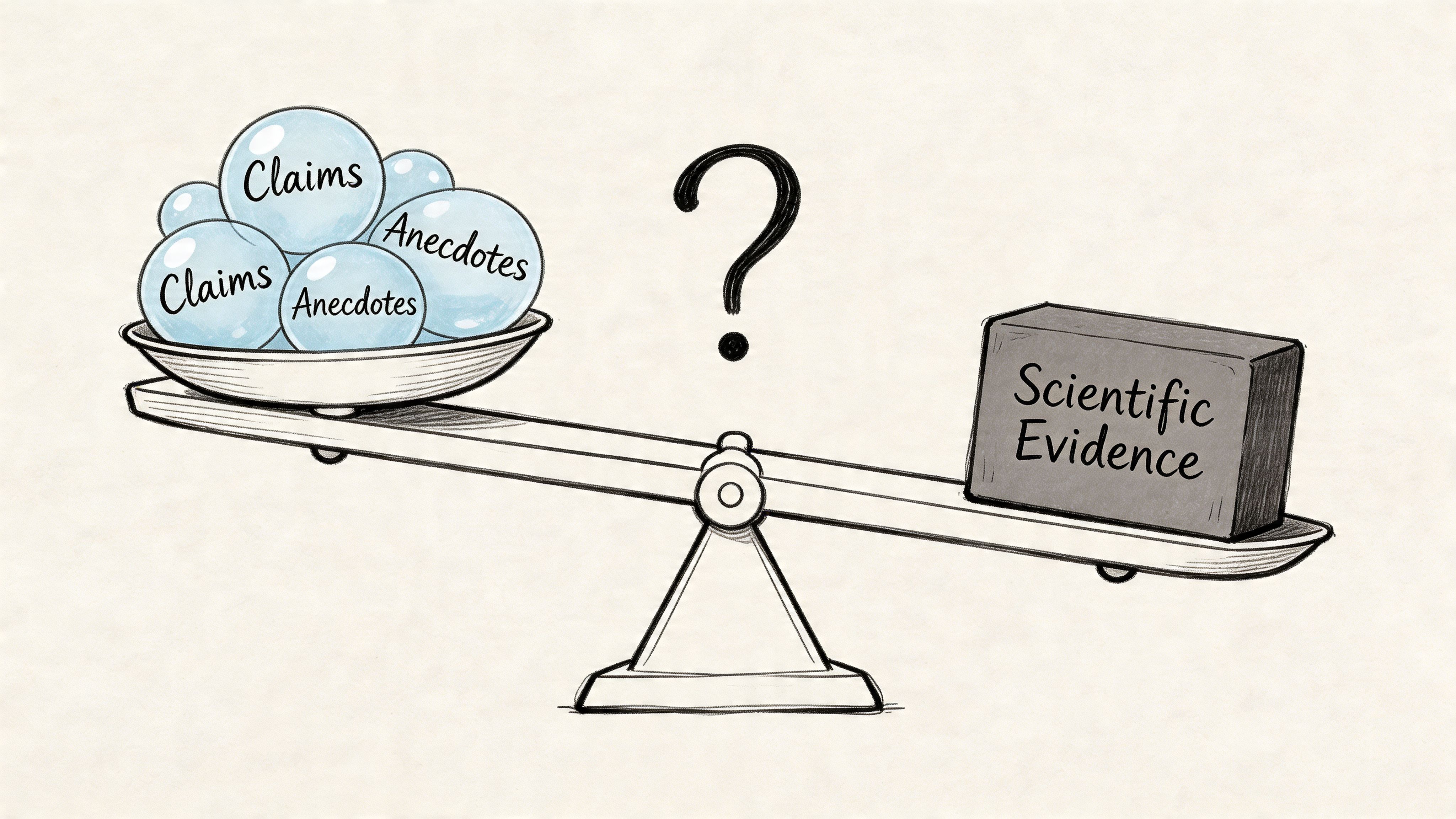 A conceptual illustration comparing a bowl of claims and anecdotes against a solid block of scientific evidence.