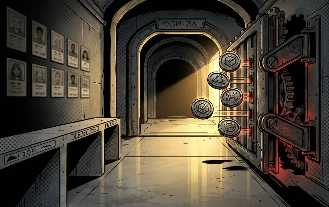 Vault hallway with gears and light beams, RockN' Socials Digital Marketing Agency.