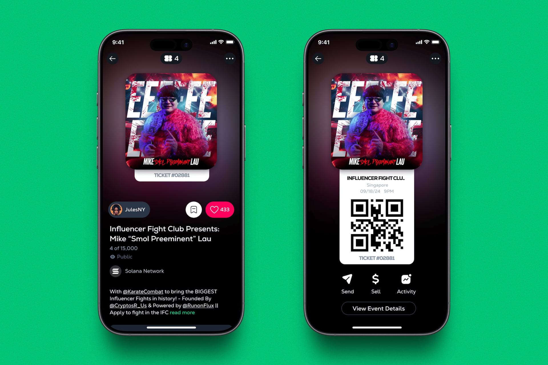 NFT ticket detail screens from a Calaxy Protopie demo designed by Chadd Weston, featuring event metadata, unique ticket ID, and QR code for secure on-chain event entry and verification.