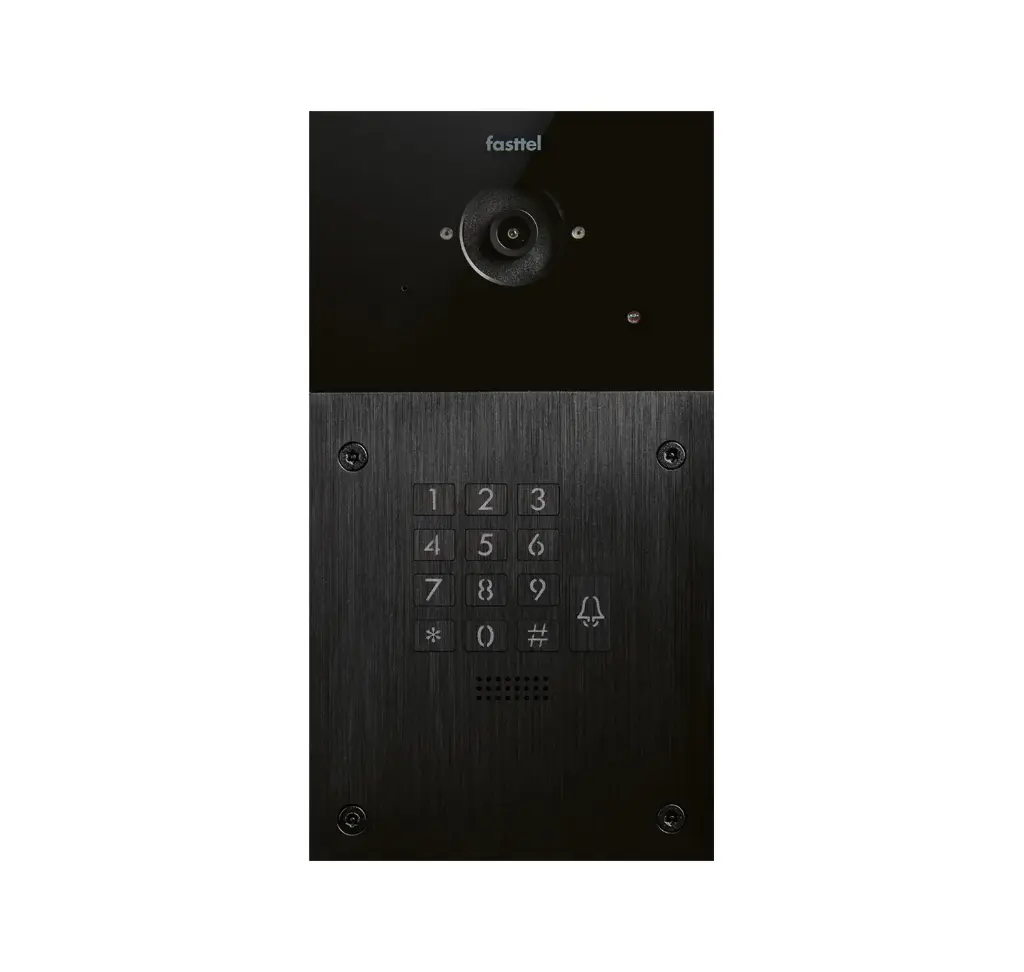 Black smart home device with screen showing time and temp