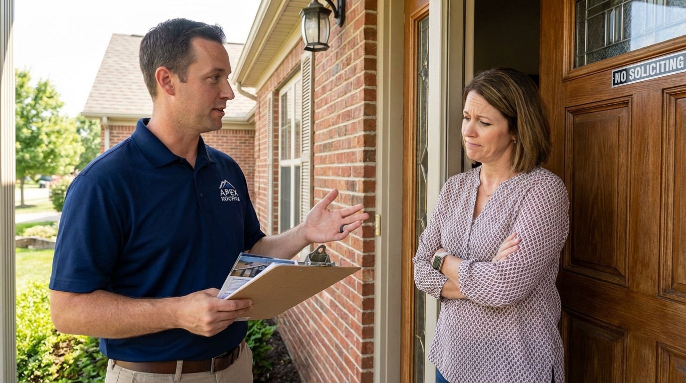 Door to door roofing salesperson with clipboard talking to homeowner at front door