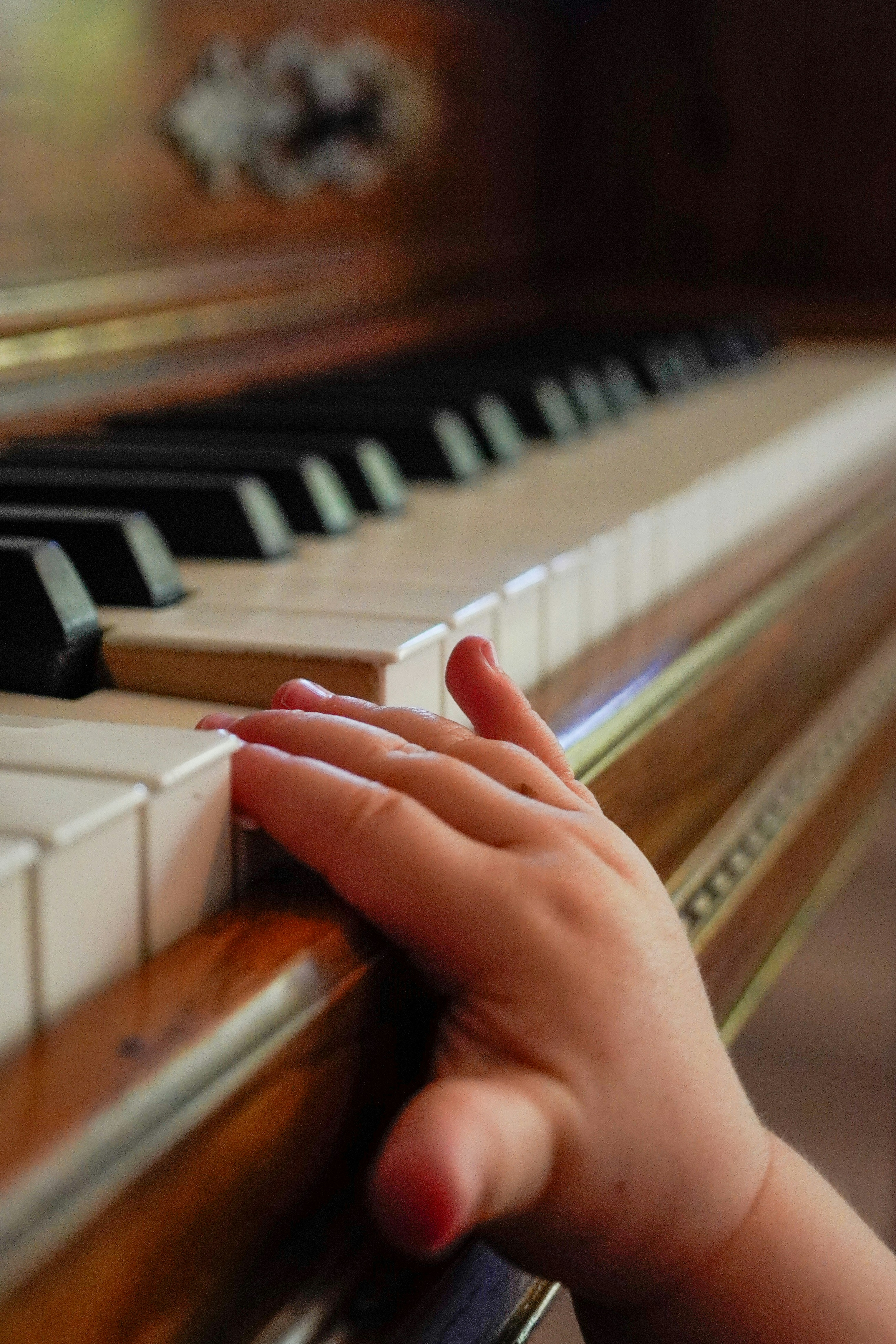 A child's hand rests on a piano keyboard.