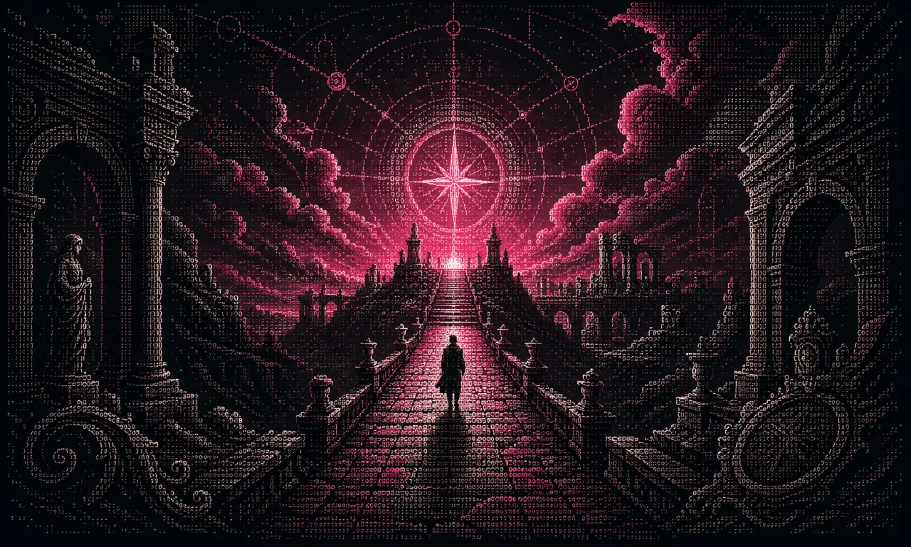 Dithered illustration of a lone figure walking a paved avenue through a ruined classical city toward a radiant star.