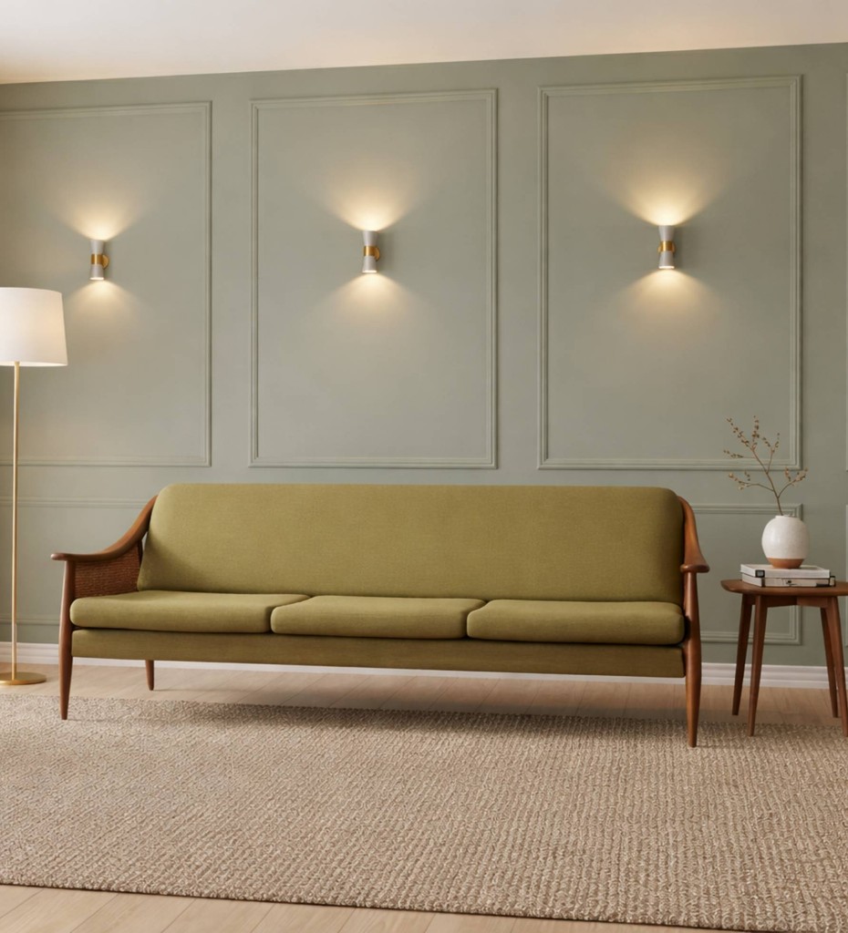 Luxury contemporary cane sofa with teal upholstery and wooden frame