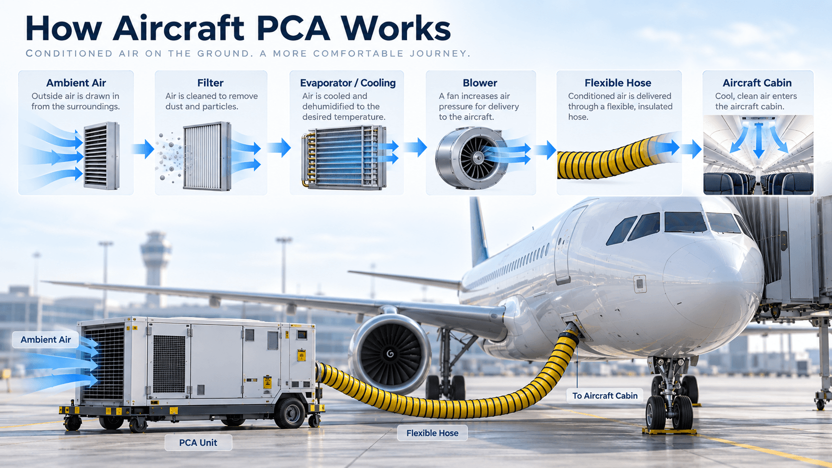 How aircraft pre-conditioned air works from ambient air through cooling blower flexible hose to the aircraft cabin