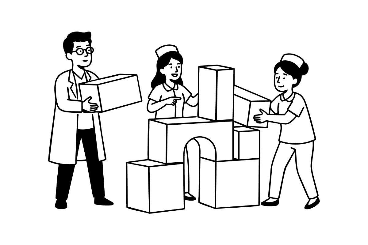 Illustration of healthcare professionals building blocks, symbolizing Synapti Health’s value based care training for early-stage organizations developing foundational VBC knowledge.