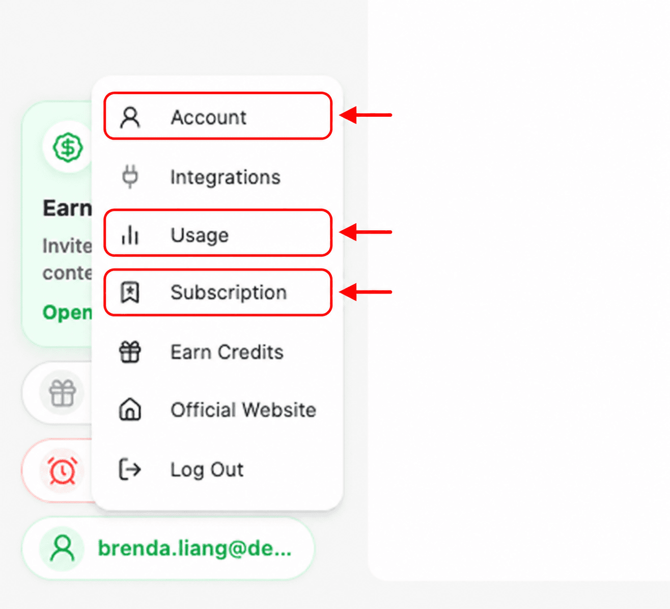Dealism profile menu with Account, Usage, and Subscription highlighted