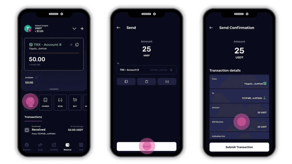 Mobile wallet screens: account balance, USDT send flow, and transaction confirmation with activation fee