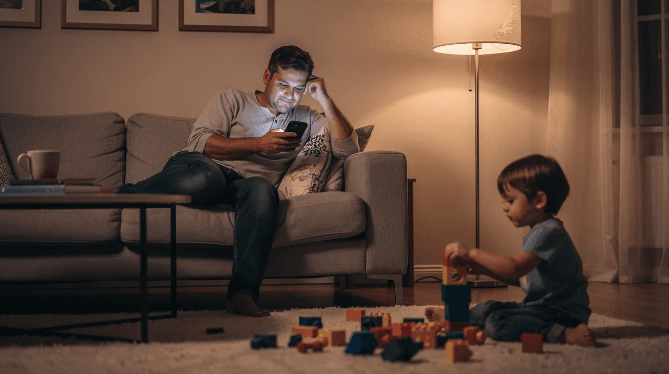 A parent is sitting on a couch in the evening, focused on their smartphone while a child plays nearby, creating a cozy family atmosphere. This scene reflects the importance of managing daily tasks, much like using online booking systems for seamless scheduling and real-time availability.