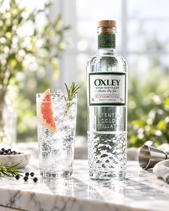 Bottiglia di Bombay Sapphire con tonica Organics su sfondo naturale all'aperto