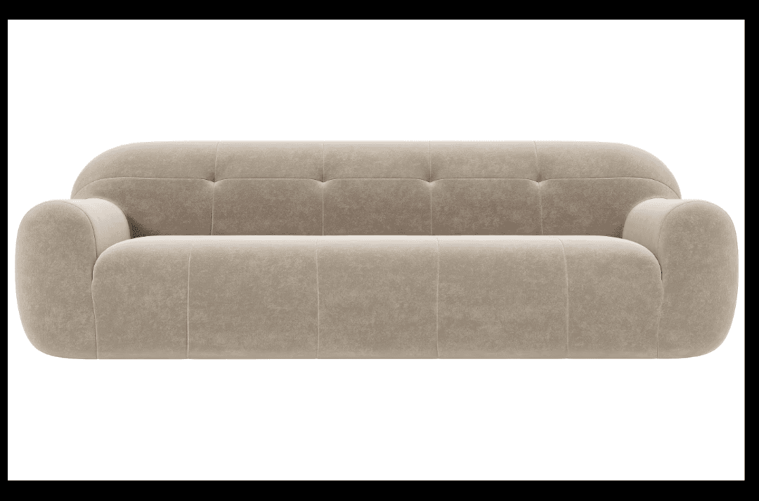 Plush taupe sofa with seamless sculptural curves.