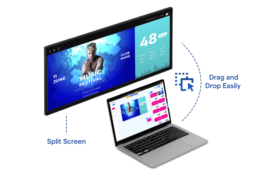 ميزات برنامج لافتات العرض الرقمية الترفيهية سهلة السحب والإفلات للمحتوى المنقسم