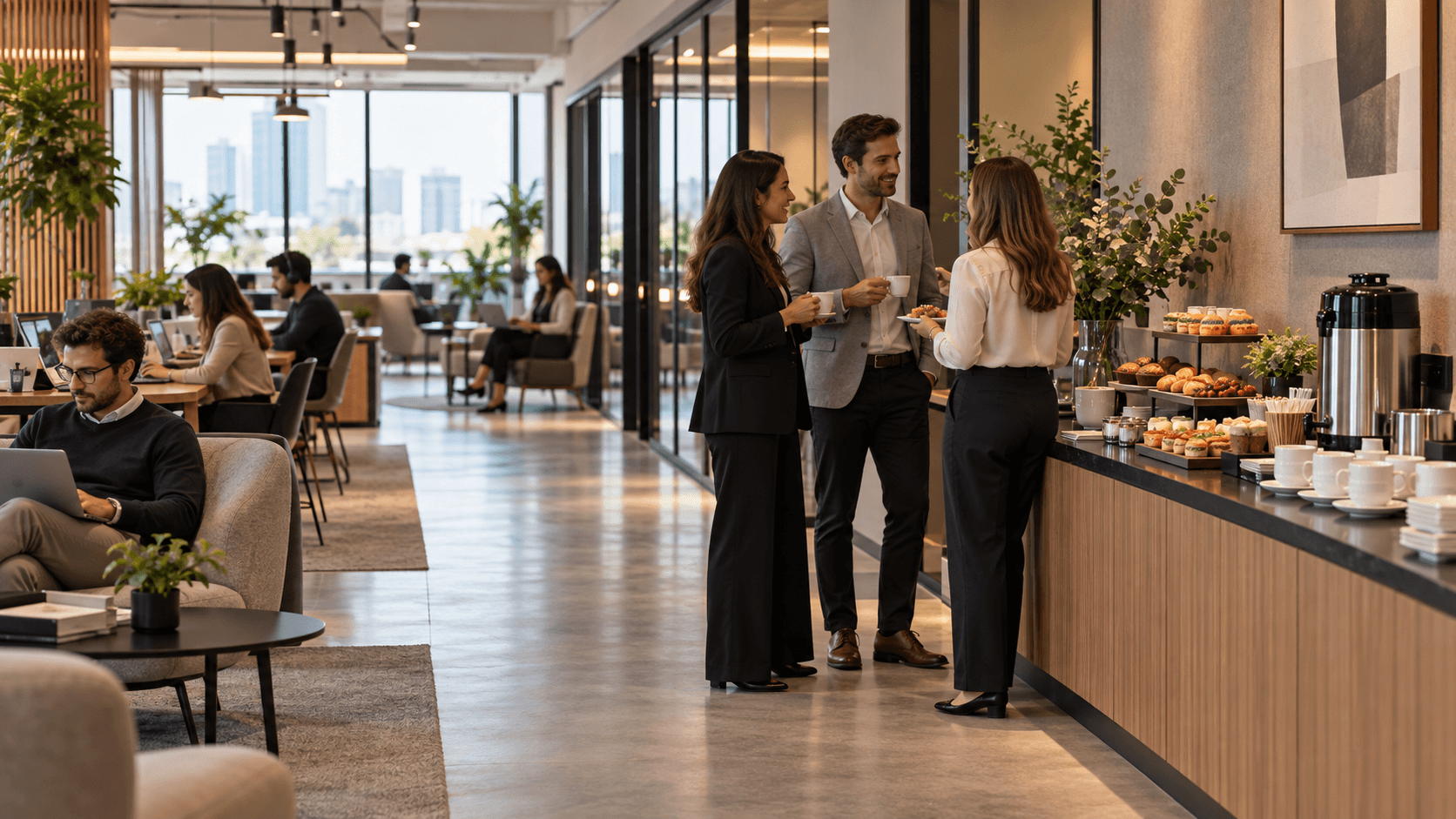 Profissionais conversam ao lado de estação de coffee break em coworking