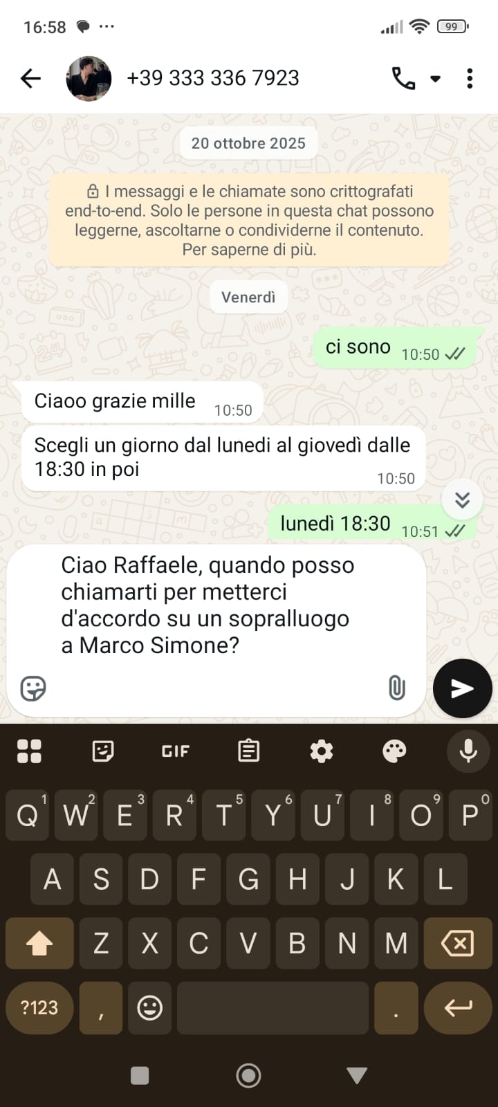 schermata di whatsapp che dice se possibile avere appuntamento per sopralluogo