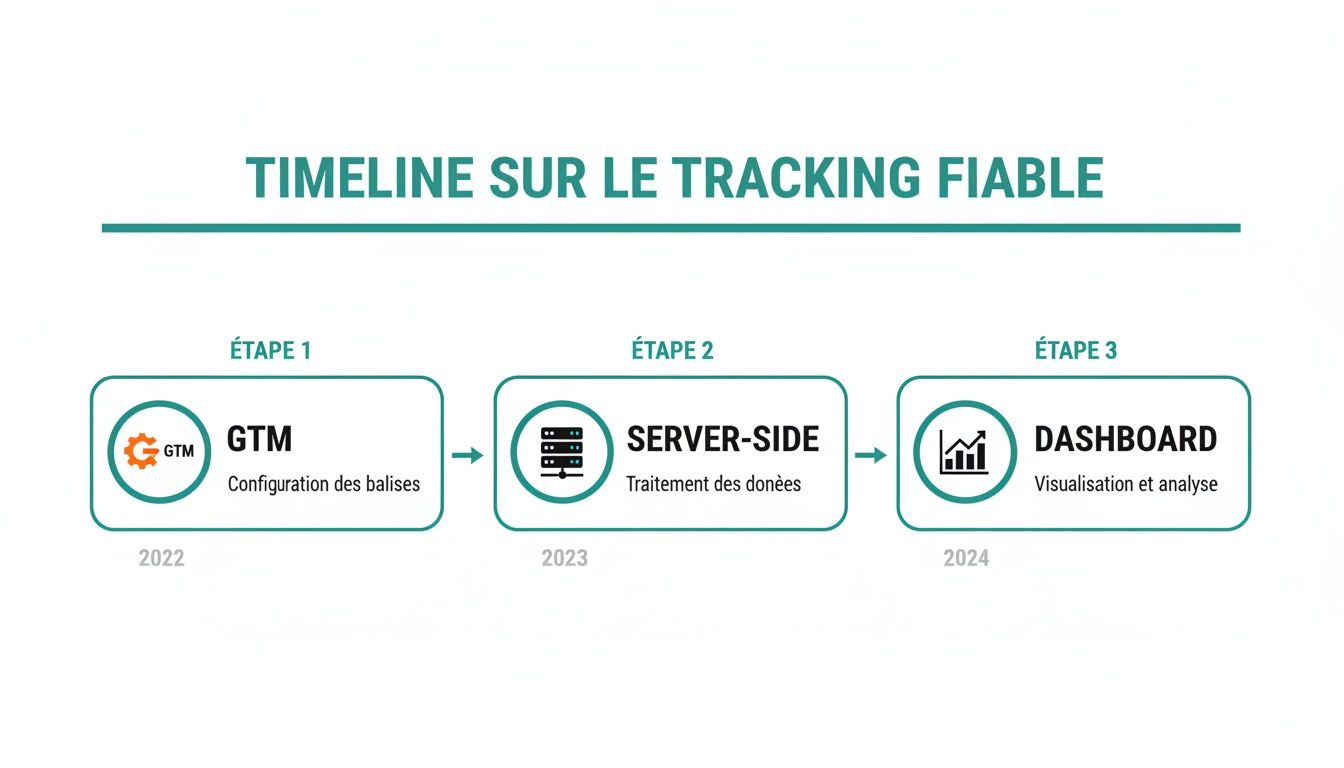 Chronologie du tracking fiable illustrant les étapes GTM, Server-Side et Dashboard pour une analyse efficace des données.