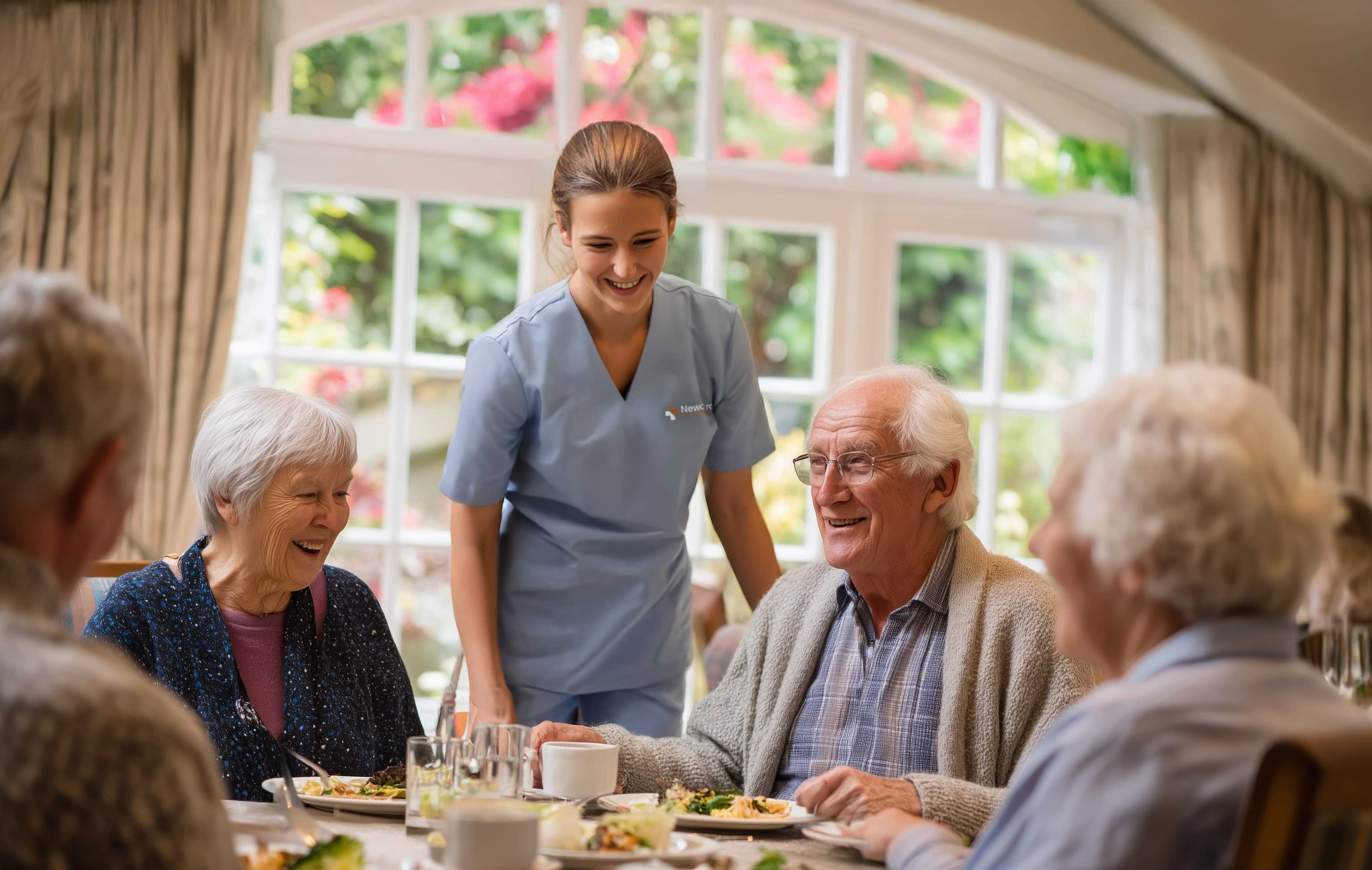 A caregiver smiling while serving food to elderly residents at a dining table in a warm, inviting setting.