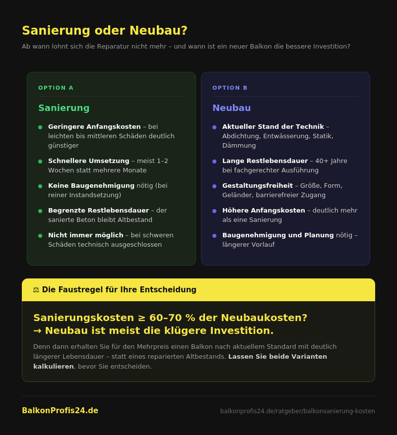 Infografik: Balkonsanierung vs. Neubau – Vergleich der Optionen mit Faustregel für die Entscheidung