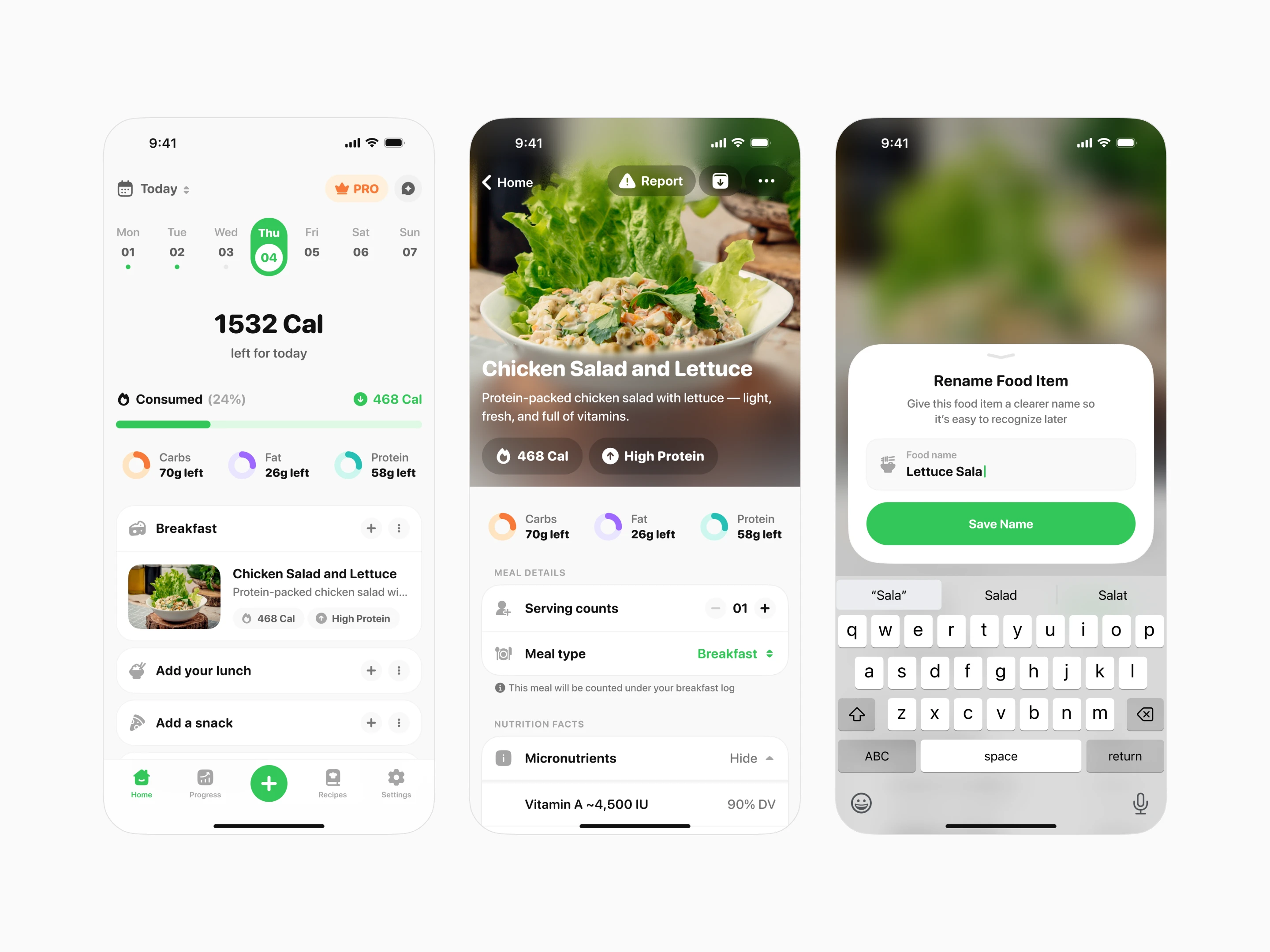 Mobile app screens displaying calorie tracking and meal logging features with a Chicken Salad and Lettuce meal entry. Includes daily calorie summary, macronutrient breakdown, meal details, and rename food option in a clean and modern nutrition tracking interface.