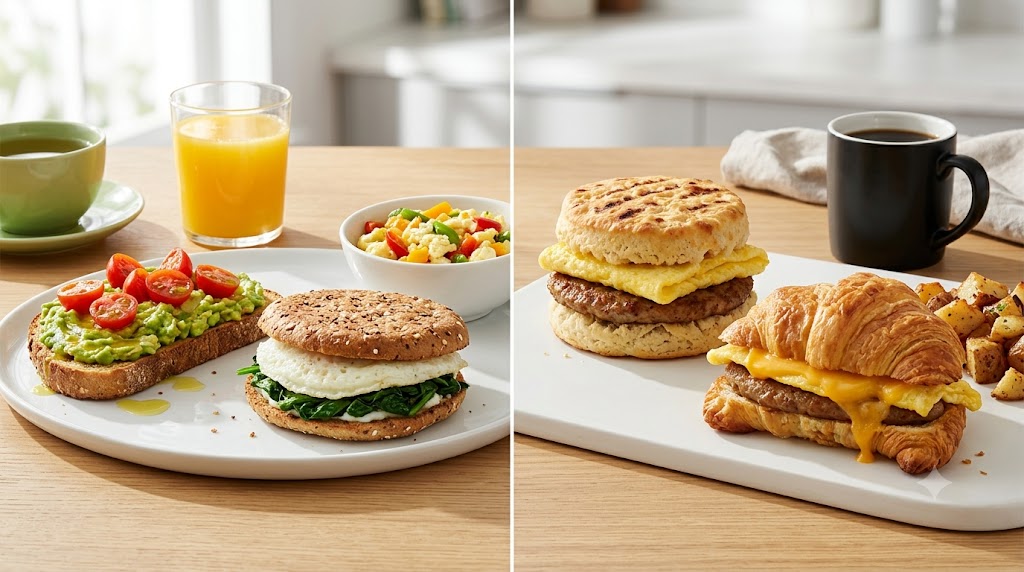 A split-screen food photography shot comparing two breakfast choices. On the left, a light option with avocado toast, a spinach and egg sandwich, and fruit. On the right, an indulgent option with a sausage biscuit and a croissant sandwich. Both are on white platters on a wooden table.
