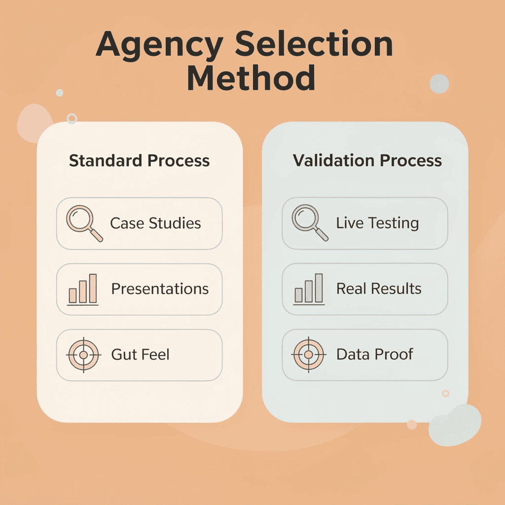 Comparison of standard agency selection versus validation process - Automotive SEO Agency