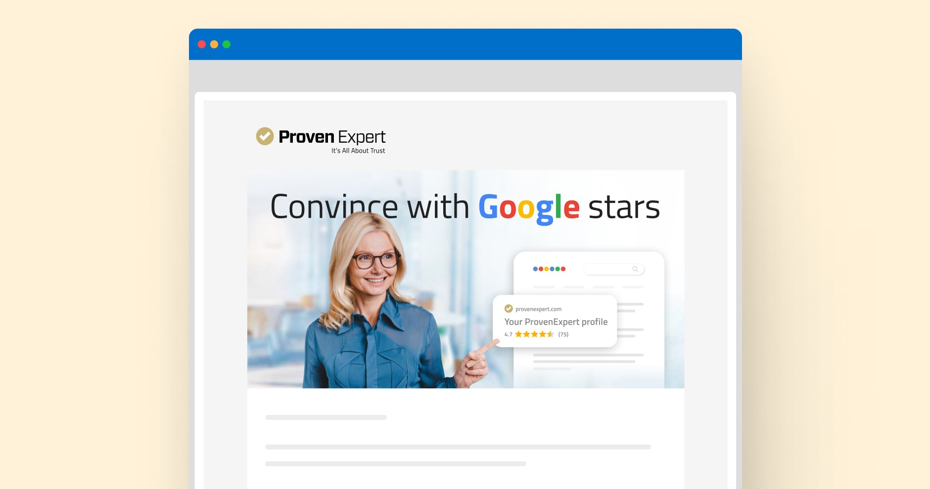 Browser mockup of a promo email: "Convince with Google stars" with a woman pointing at a mocked-up Google search result showing her ProvenExpert profile.