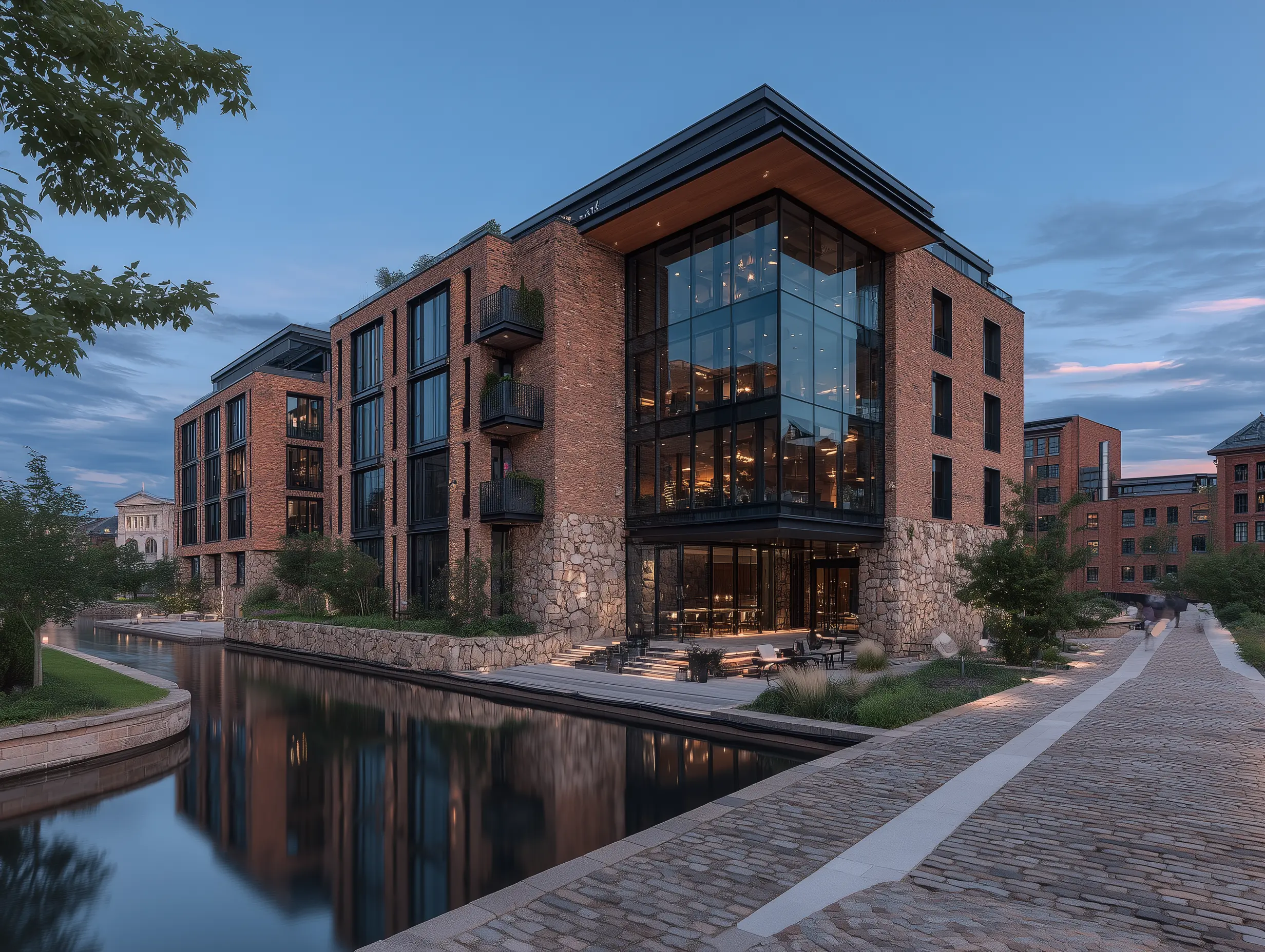 Exterior view of a modern multi-story building featuring a blend of red brick, stone masonry.