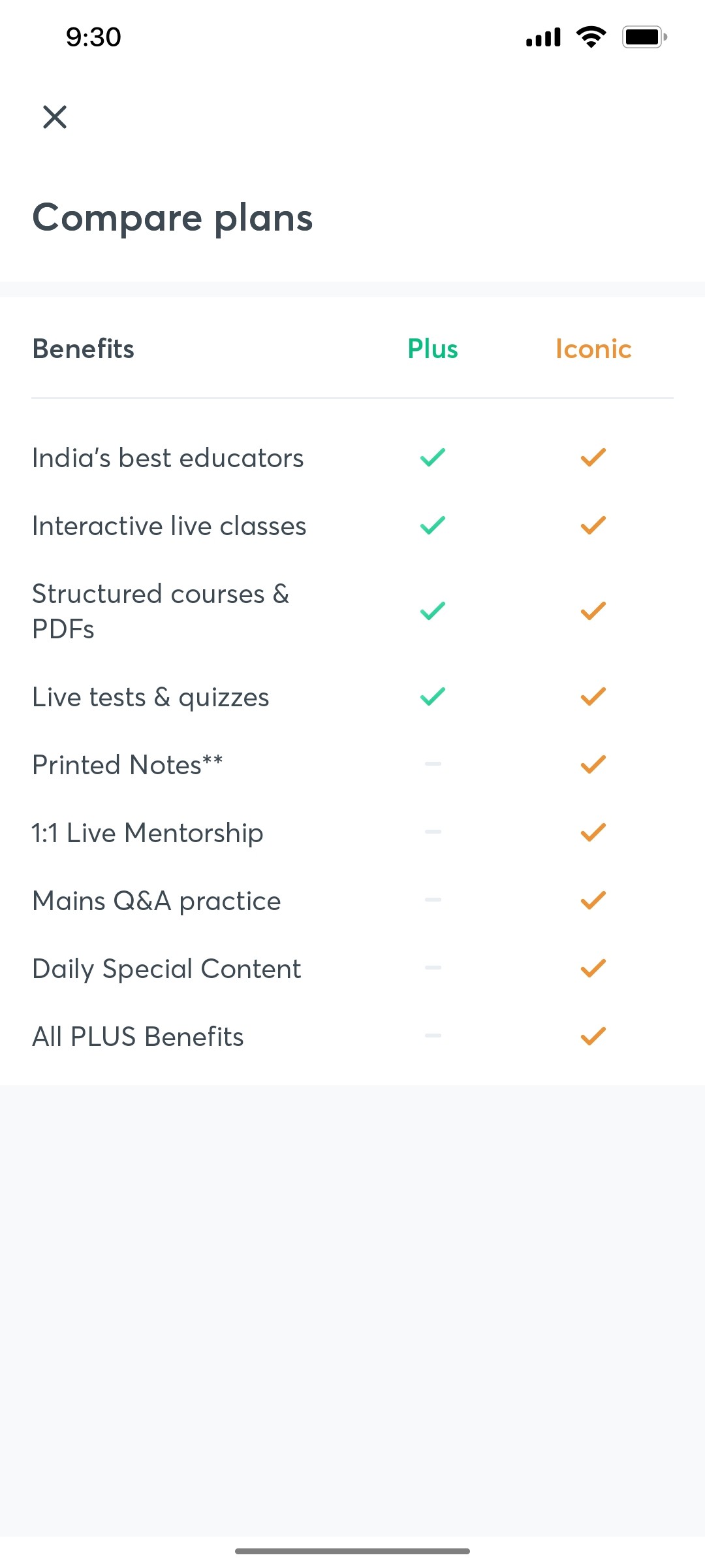 Unacademy Compare Plan Screen