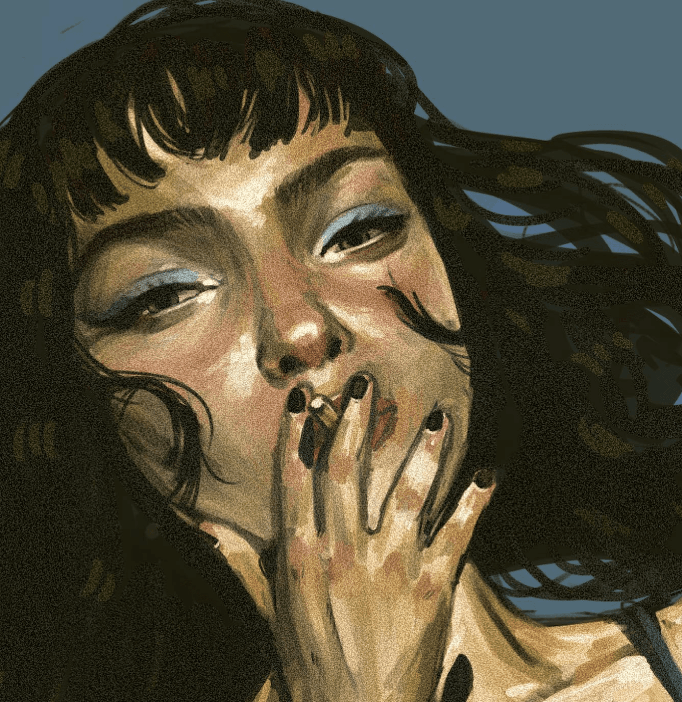 A close-up of a person wearing green-tinted glasses, with a serious expression and smooth skin.