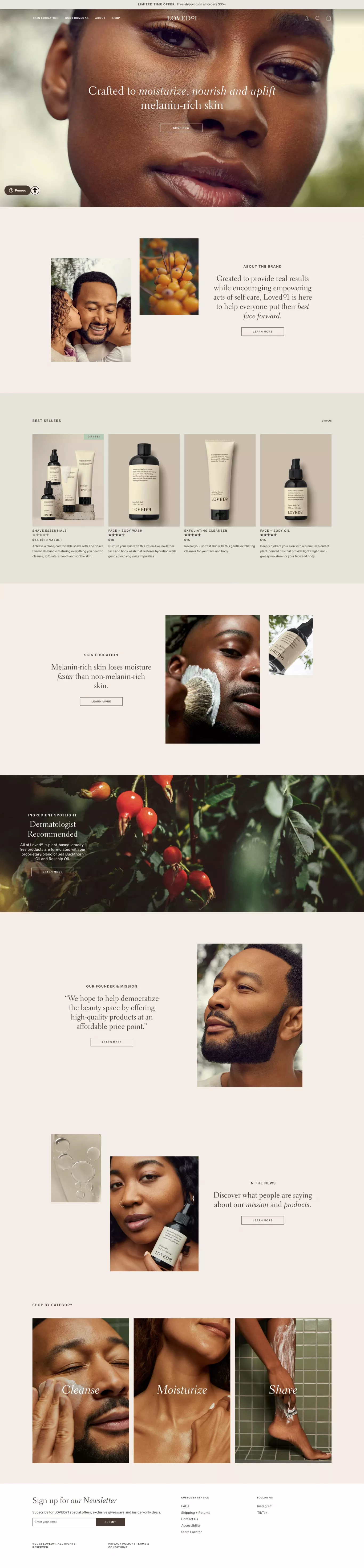 Lovedº1: Skincare for Melanin-Rich Skin ecommerce page screenshot showcasing Beauty and Ecommerce design