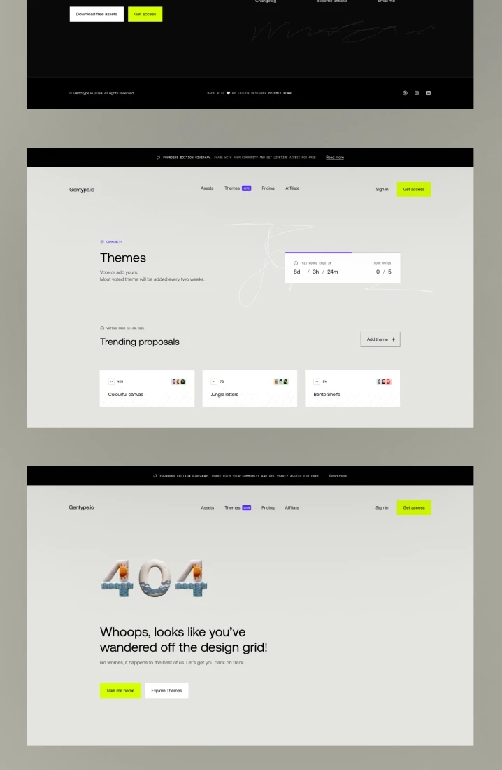 Gentype.io interface showing trending themes, a playful 404 error page with neon accents, and an account settings page for Przemek Kowal.