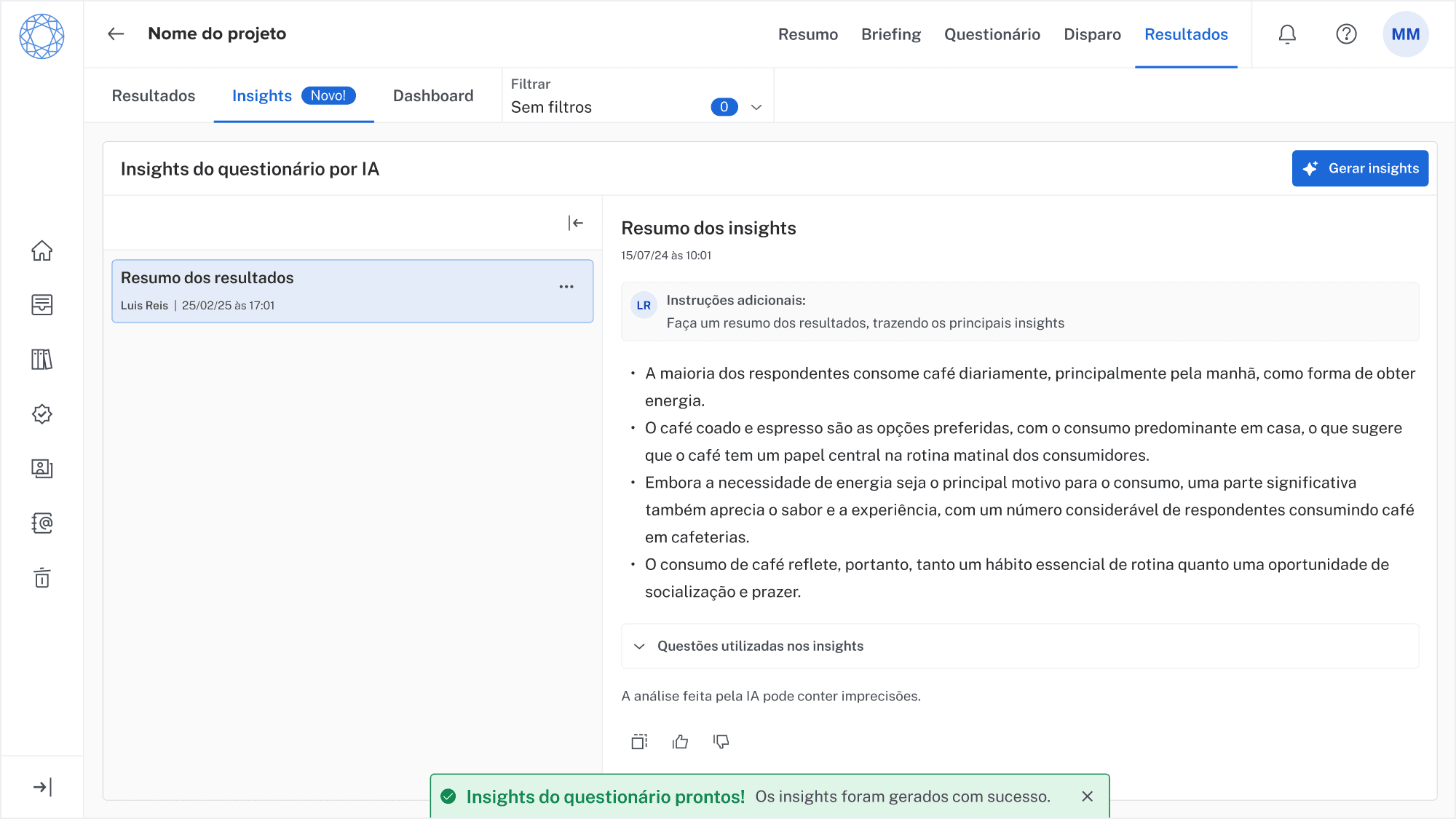 Tela de Resultados com interação com inteligência artificial, utilizando componentes criados no design system