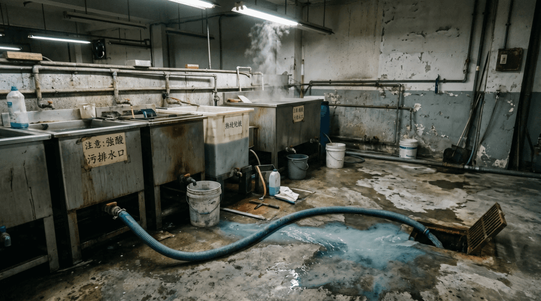 舊有電子廠房廢水排放現場示意(未設合法前處理設施,含微量重金屬的工業廢水直接流入排水系統,存在違反《水污染管制條例》風險)