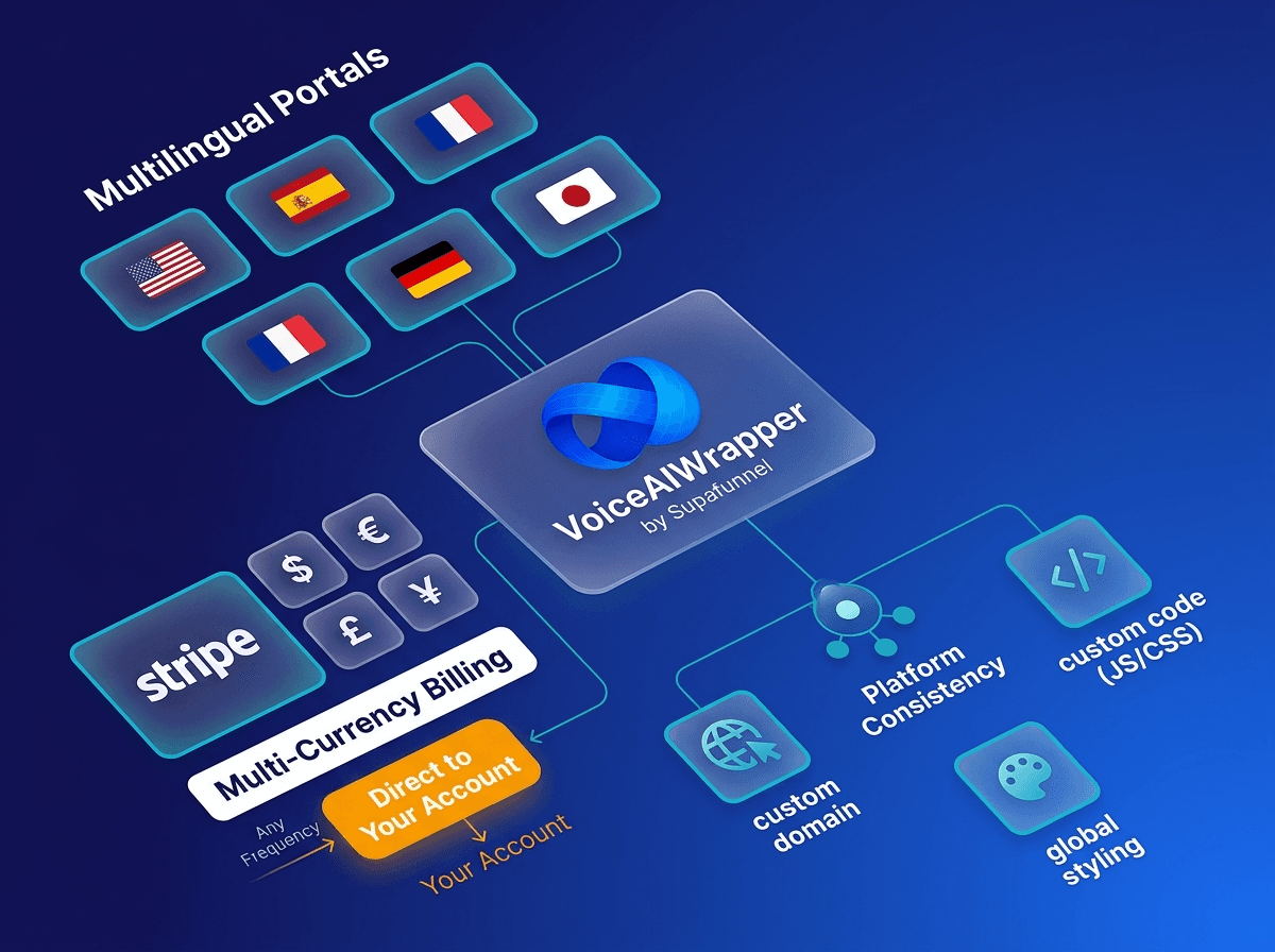White-label voice AI platform with multilingual portals, Stripe multi-currency billing, custom domain, custom code JS/CSS, and global styling | VoiceAIWrapper.