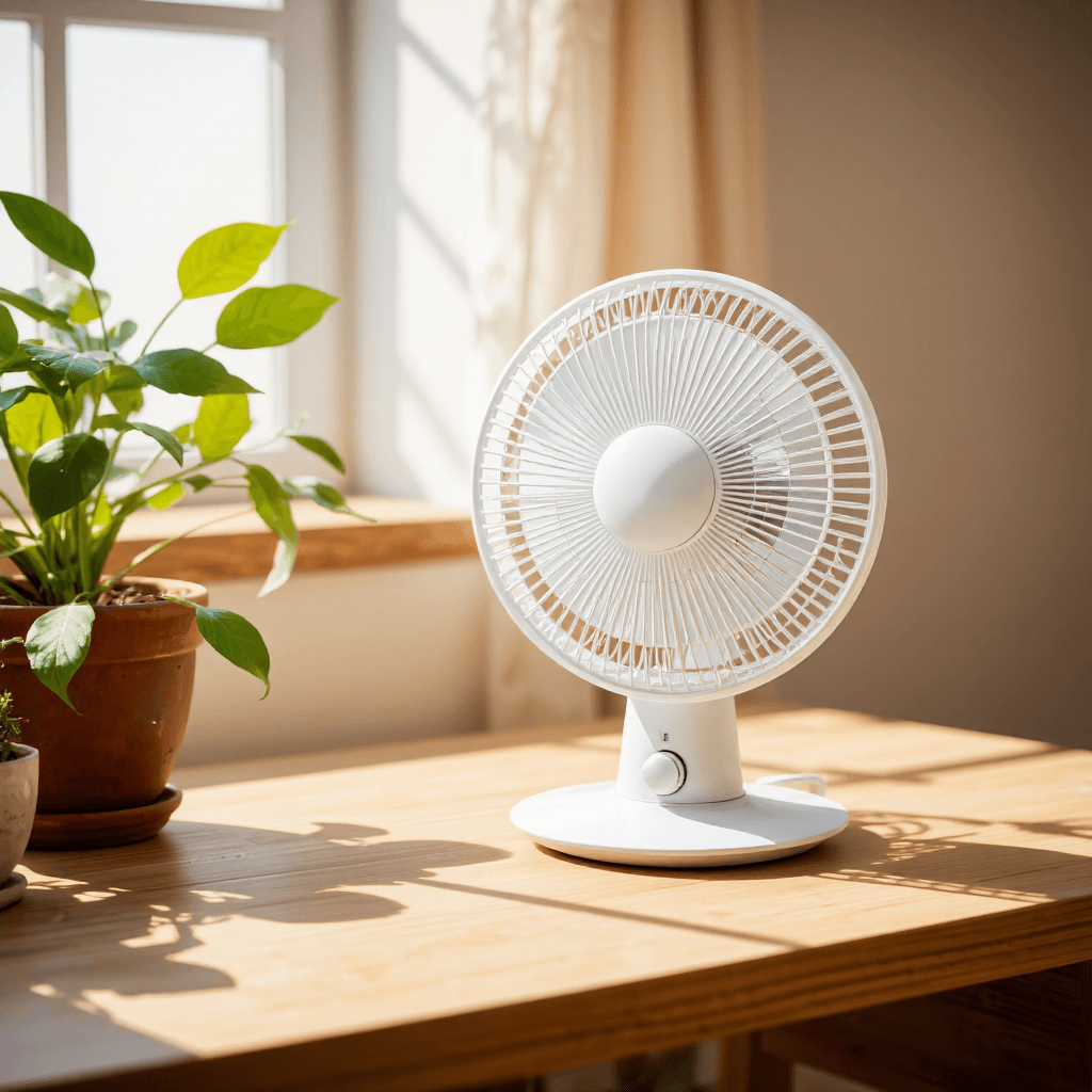 product photography of a small table fan for personal cooling