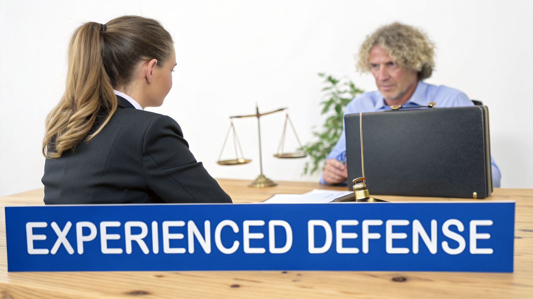 An experienced defense lawyer meets a client in an office with scales of justice.
