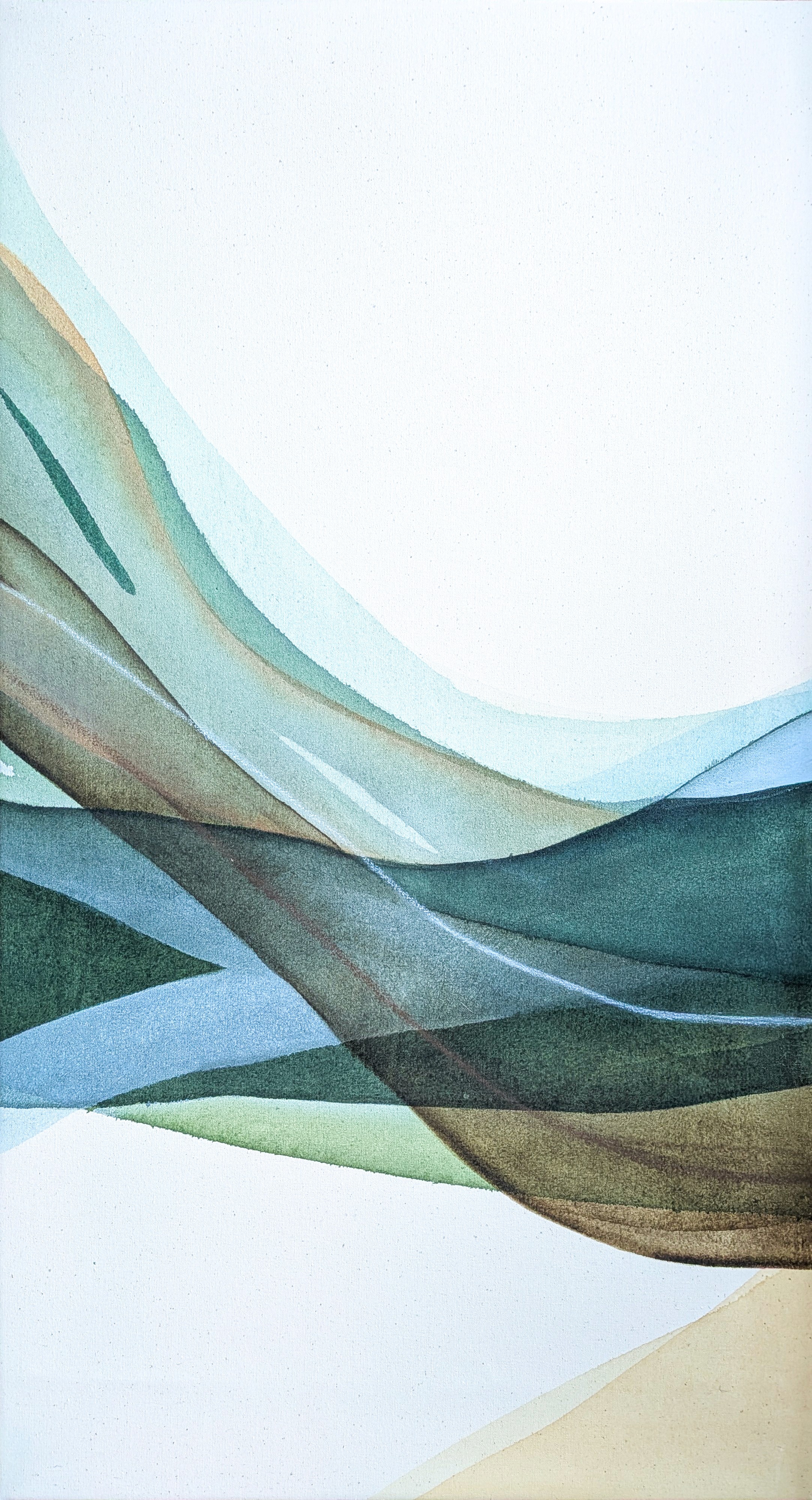 A serene abstract design featuring flowing waves in shades of blue, green, and light brown against a light background.