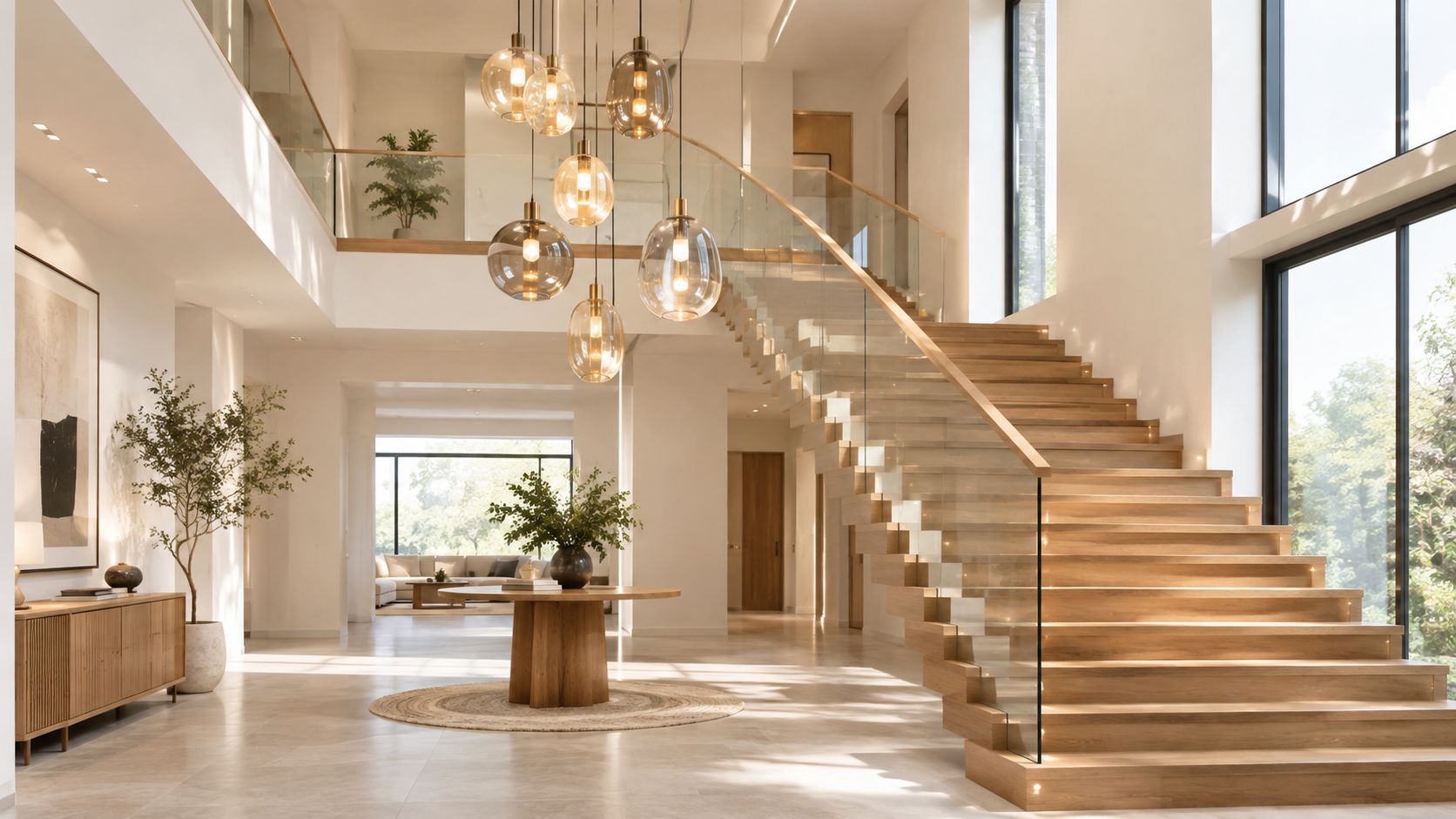A luxurious modern grand foyer featuring a floating wooden staircase and a stunning tiered glass pendant light chandelier.