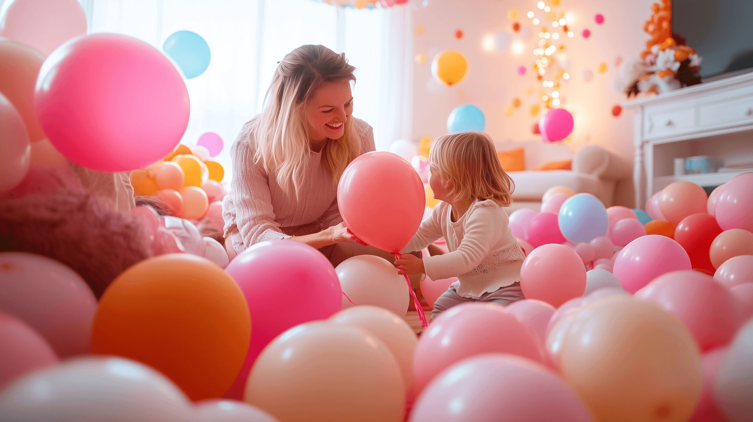 Nanny playing indoor balloon volleyball with two children, enjoying fun physical activity on a rainy day.